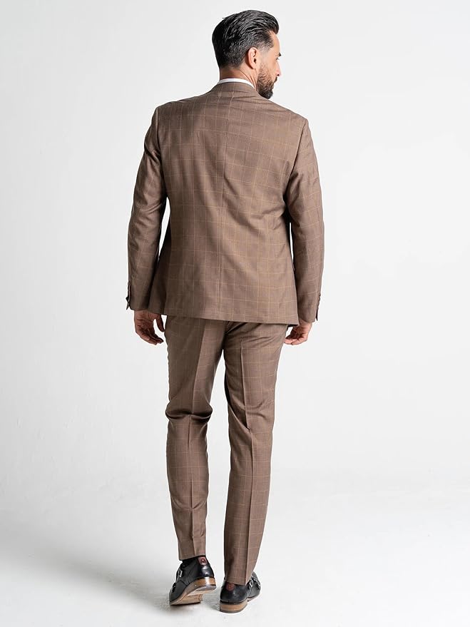 Brown Suit with White Checks â€“ Slim Fit Three-Piece Set for Men with Waistcoat, Blazer, and Trousers â€“ Elegant Formal Wear for Weddings, Business &amp; Special Occasions - Oxford - The Tie Company
