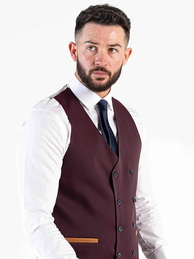 Combi Beige Checks Three Piece Suit â€“ Modern Tailored Fit Sky Blue Blazer, Burgundy Waistcoat, and Navy Trousers â€“ Stylish Groomsmen Outfit - Angelo - The Tie Company