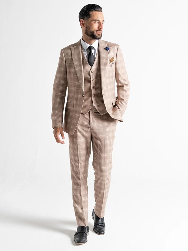 Men’s Fawn Tweed White &amp; Brown Checked 3-Piece Tailored Fit Suit