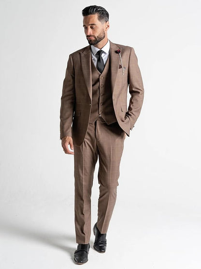 Oxford Men’s Brown White-Checked 3-Piece Slim Fit Suit