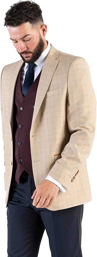 Combi Beige Checks Three Piece Suit â€“ Modern Tailored Fit Sky Blue Blazer, Burgundy Waistcoat, and Navy Trousers â€“ Stylish Groomsmen Outfit - Angelo - The Tie Company