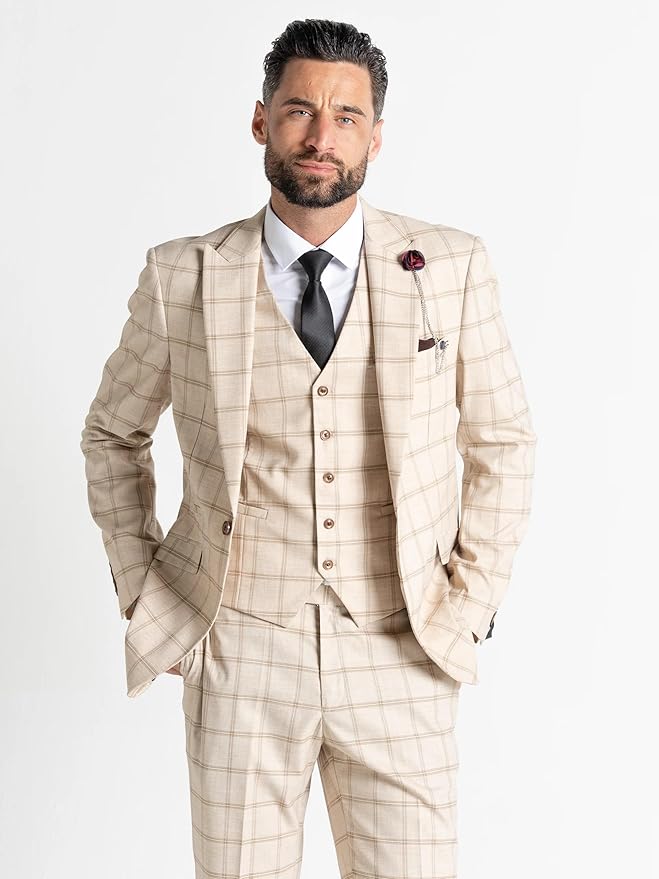 3-Piece Suit with Brown Checks - Tailored Fit Blazer, Matching Trousers &amp; Single-Breasted Waistcoat-Oxford - The Tie Company