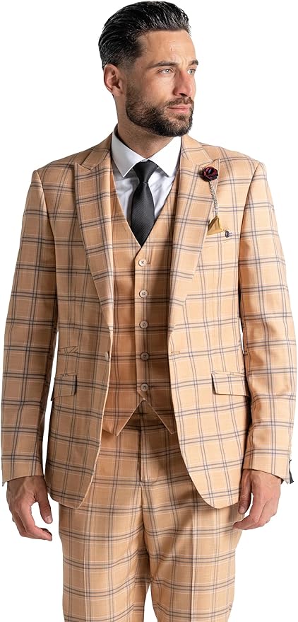 Orange Suit with Navy Blue Checks - Tailored Fit Blazer, Matching Trousers &amp; Single-Breasted Waistcoat-Oxford - The Tie Company