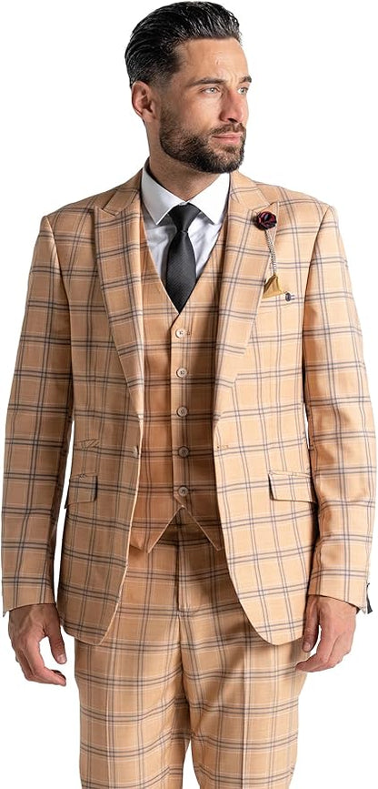 Orange Suit with Navy Blue Checks - Tailored Fit Blazer, Matching Trousers &amp; Single-Breasted Waistcoat-Oxford - The Tie Company