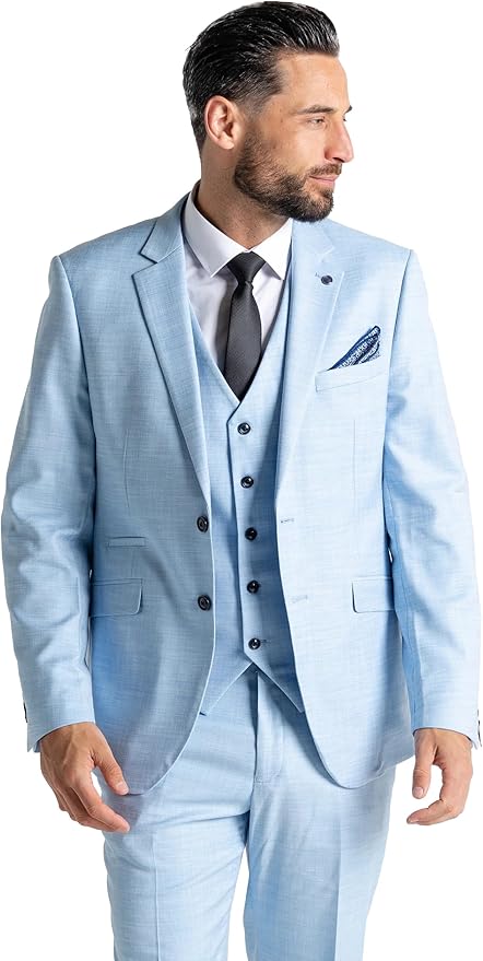 Sky Blue Three Piece Suit - Slim Fit Blazer, Trousers &amp; Waistcoat, Notch Lapel, Complimentary Pocket Square &amp; Tie, Perfect for Formal Events Edward - The Tie Company