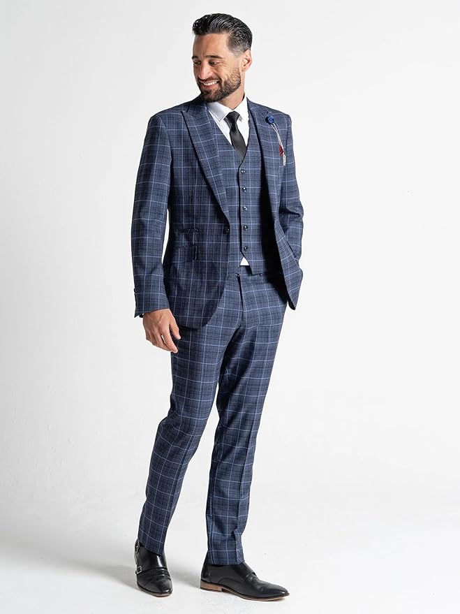 Men’s Submarine Blue Tweed 3-Piece Suit, Light Blue Check