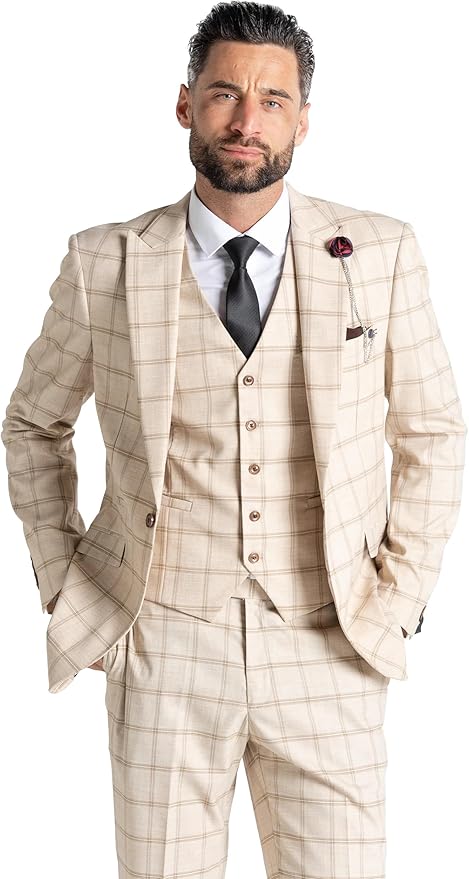3-Piece Suit with Brown Checks - Tailored Fit Blazer, Matching Trousers &amp; Single-Breasted Waistcoat-Oxford - The Tie Company