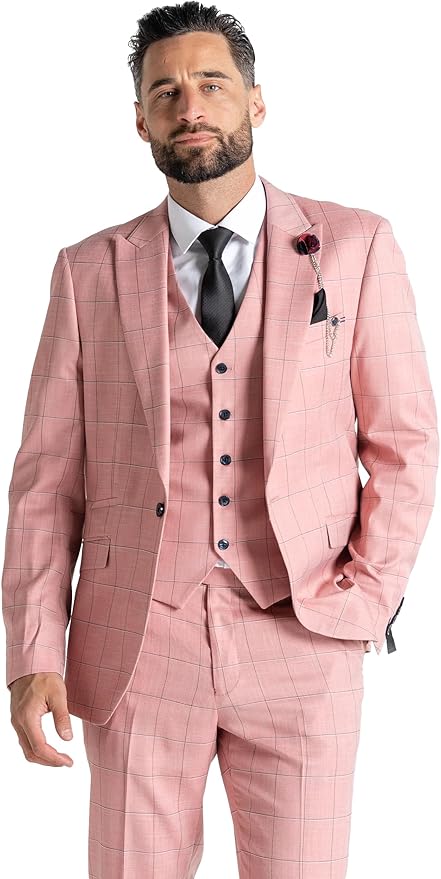 Pink with Black Checks 3-Piece Slim Fit Suit Blazer, Waistcoat &amp; Baby Blue Trousers, Peak Lapel, 4-Button Cuffs, Complimentary Pocket Square - Oxford - The Tie Company