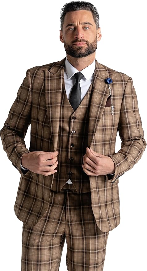 Coffee Tweed Three Piece Suit â€“ Brown Check Tailored Fit Blazer, Waistcoat, and Trousers â€“ Sophisticated Vintage-Inspired Formalwear for Weddings and Special Events - The Tie Company