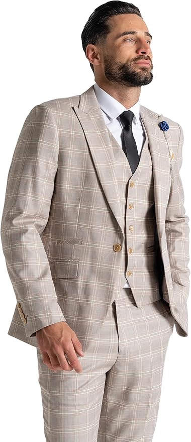Champagne Tweed Three Piece Suit â€“ White and Light Brown Check Tailored Fit Blazer, Waistcoat, and Trousers â€“ Elegant Formalwear for Weddings and Special Occasions-Charles - The Tie Company
