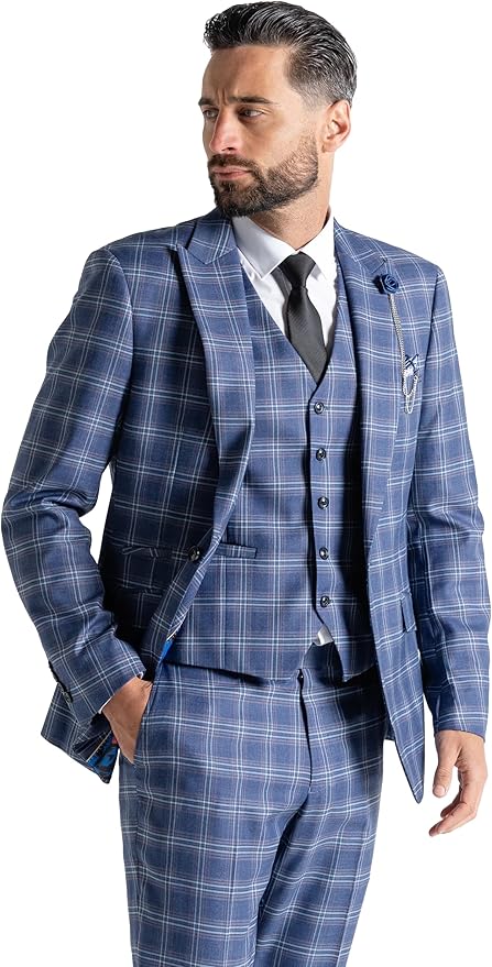Royal Blue Tweed Three Piece Suit â€“ Sky Blue Check Tailored Fit Blazer, Waistcoat, and Trousers â€“ Stylish Formalwear for Weddings and Special Occasions Search this page - The Tie Company