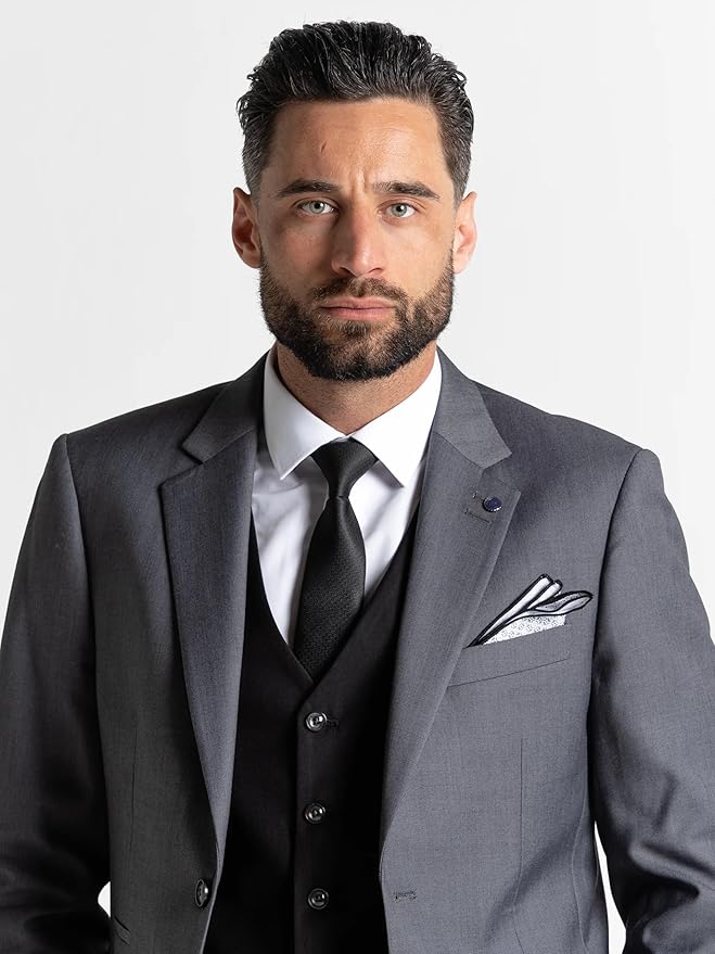 Grey Slim-Fit Blazer with Black Waistcoat Three-Piece Suit â€“ Notch Lapel, Complimentary Pocket Square, and Grey Trousers â€“ Elegant Formalwear for Weddings and Special Occasions - The Tie Company