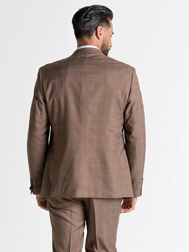 Brown Suit with White Checks â€“ Slim Fit Three-Piece Set for Men with Waistcoat, Blazer, and Trousers â€“ Elegant Formal Wear for Weddings, Business &amp; Special Occasions - Oxford - The Tie Company