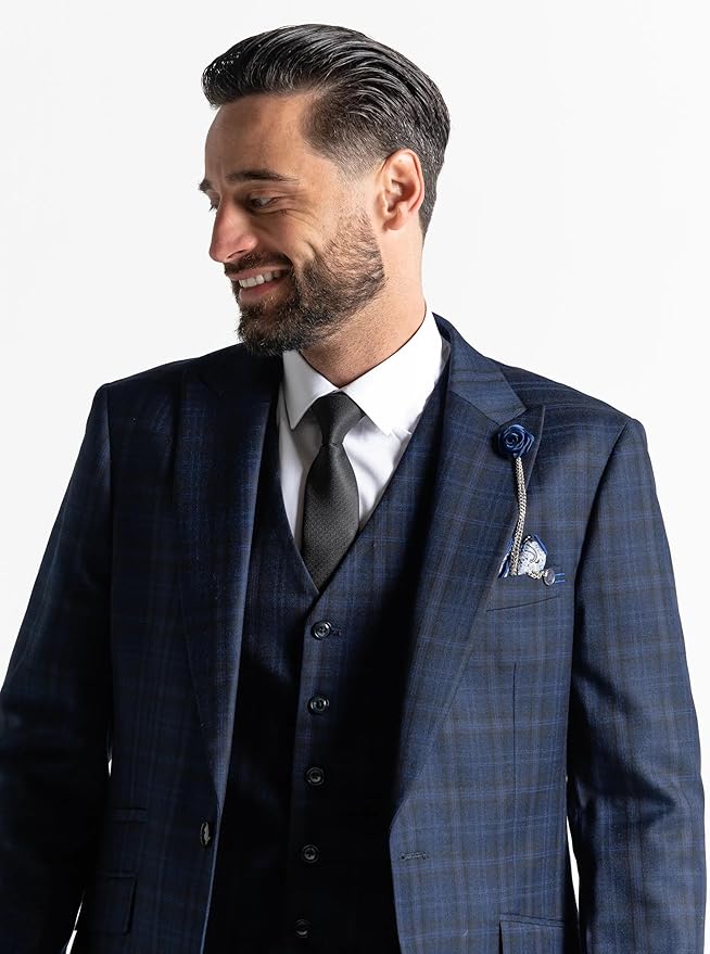 Blue Tweed Three Piece Suit â€“ Black Check Tailored Fit Blazer, Waistcoat, and Trousers â€“ Sophisticated Formalwear for Weddings and Special Occasions-Jubilee - The Tie Company