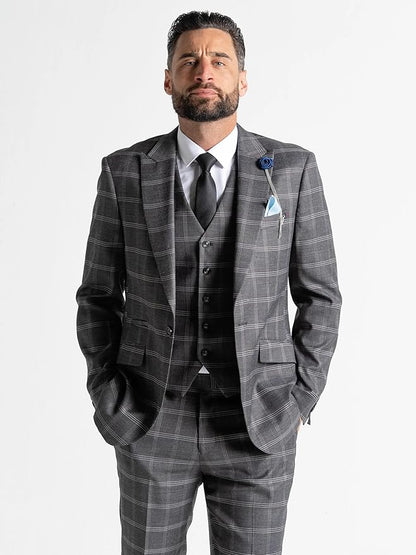 Grey Tweed Three Piece Suit â€“ White Check Tailored Fit Blazer, Waistcoat, and Trousers â€“ Elegant Vintage-Inspired Formalwear for Weddings and Special Occasions - The Tie Company