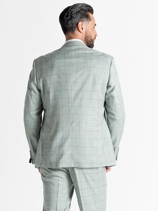 Lime Green with Blue Checks 3-Piece Slim Fit Suit - Blazer, Waistcoat &amp; Trousers with Pocket Square, Peak Lapel, Formal Men&