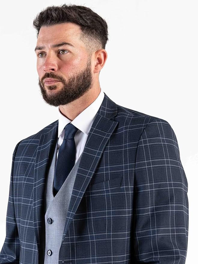 Navy Checks Three Piece Suit â€“ Classic Tailored Fit Blazer, Waistcoat, and Trousers â€“ Timeless Formalwear for Groomsmen and Special Occasions - Angelo - The Tie Company