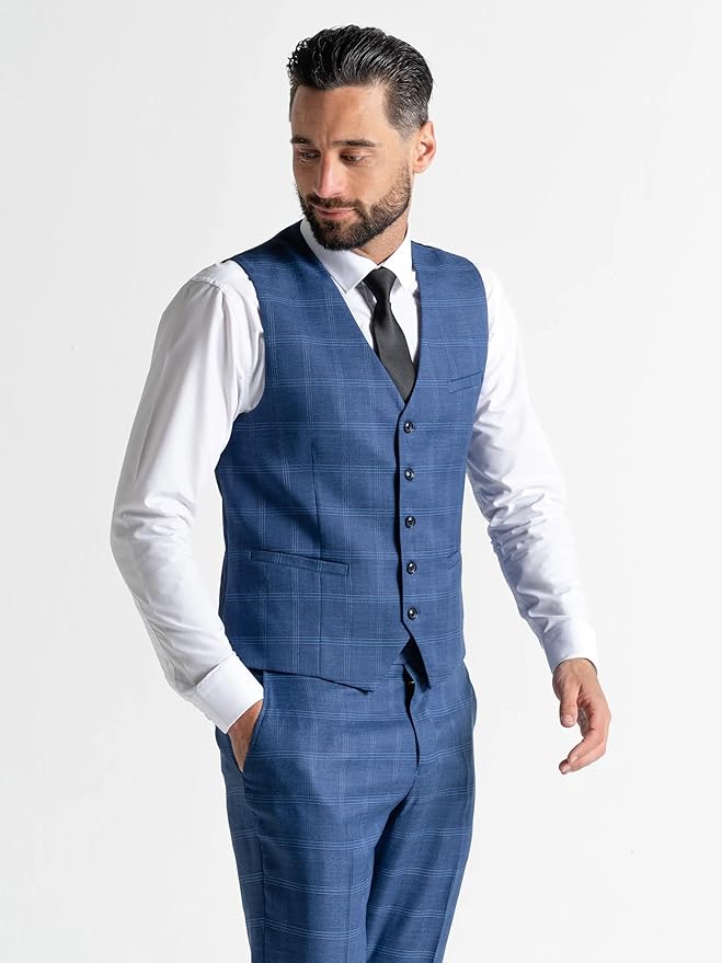 Deep Blue Tweed Three Piece Suit â€“ Light Blue Check Tailored Fit Blazer, Waistcoat, and Trousers â€“ Sophisticated Formalwear for Weddings and Special Events - The Tie Company