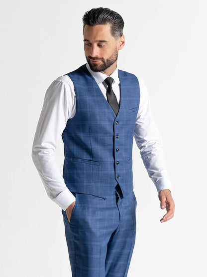 Deep Blue Tweed Three Piece Suit â€“ Light Blue Check Tailored Fit Blazer, Waistcoat, and Trousers â€“ Sophisticated Formalwear for Weddings and Special Events - The Tie Company