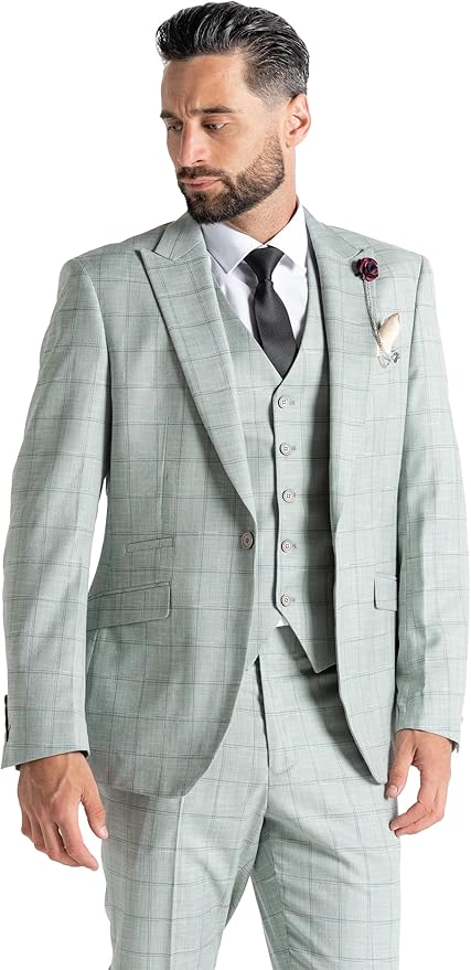 Lime Green with Blue Checks 3-Piece Slim Fit Suit - Blazer, Waistcoat &amp; Trousers with Pocket Square, Peak Lapel, Formal Men&