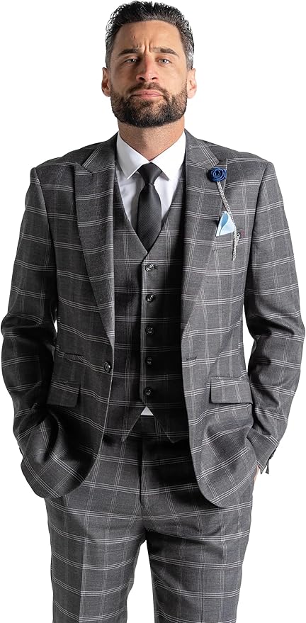Grey Tweed Three Piece Suit â€“ White Check Tailored Fit Blazer, Waistcoat, and Trousers â€“ Elegant Vintage-Inspired Formalwear for Weddings and Special Occasions - The Tie Company