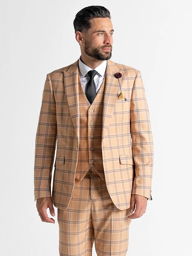 Orange Suit with Navy Blue Checks - Tailored Fit Blazer, Matching Trousers &amp; Single-Breasted Waistcoat-Oxford - The Tie Company