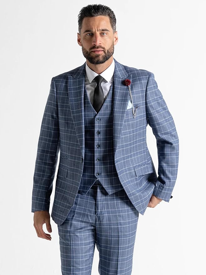 Buy Mens Kensington Blue Tailored Fit Three Checks Peace Suit â€“ Weddings, Business Meetings, and Formal Occasion Suit Order Suit Online - The Tie Company