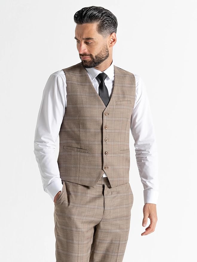 Coffee Tweed Three Piece Suit â€“ Dark Brown and White Check Tailored Fit Blazer, Waistcoat, and Trousers â€“ Classic Formalwear for Weddings and Special Occasions - The Tie Company