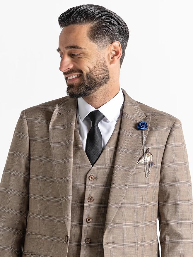 Coffee Tweed Three Piece Suit â€“ Dark Brown and White Check Tailored Fit Blazer, Waistcoat, and Trousers â€“ Classic Formalwear for Weddings and Special Occasions - The Tie Company