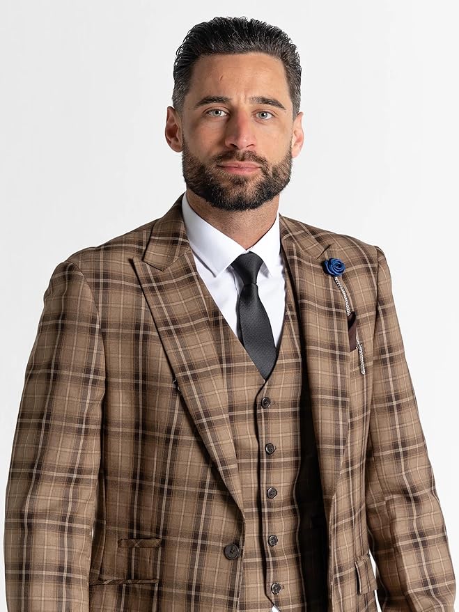 Coffee Tweed Three Piece Suit â€“ Brown Check Tailored Fit Blazer, Waistcoat, and Trousers â€“ Sophisticated Vintage-Inspired Formalwear for Weddings and Special Events - The Tie Company