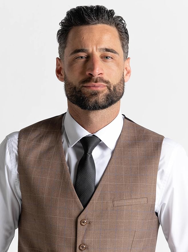 Brown Suit with White Checks â€“ Slim Fit Three-Piece Set for Men with Waistcoat, Blazer, and Trousers â€“ Elegant Formal Wear for Weddings, Business &amp; Special Occasions - Oxford - The Tie Company