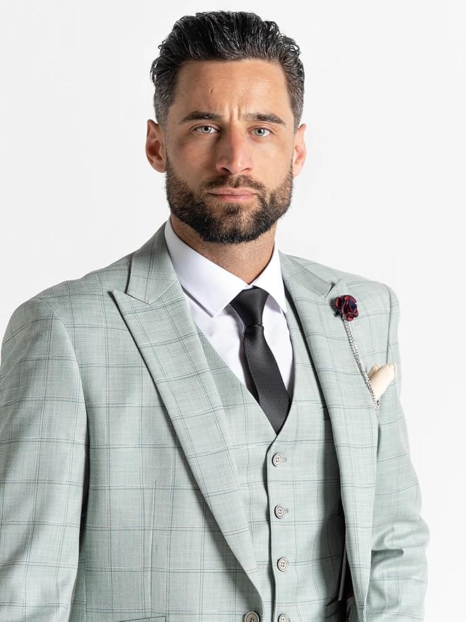Lime Green with Blue Checks 3-Piece Slim Fit Suit - Blazer, Waistcoat &amp; Trousers with Pocket Square, Peak Lapel, Formal Men&
