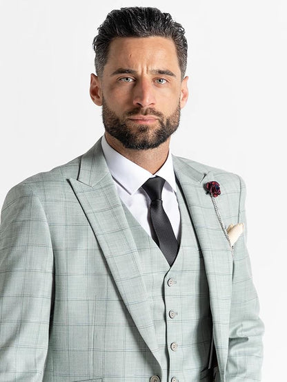 Lime Green with Blue Checks 3-Piece Slim Fit Suit - Blazer, Waistcoat &amp; Trousers with Pocket Square, Peak Lapel, Formal Men&