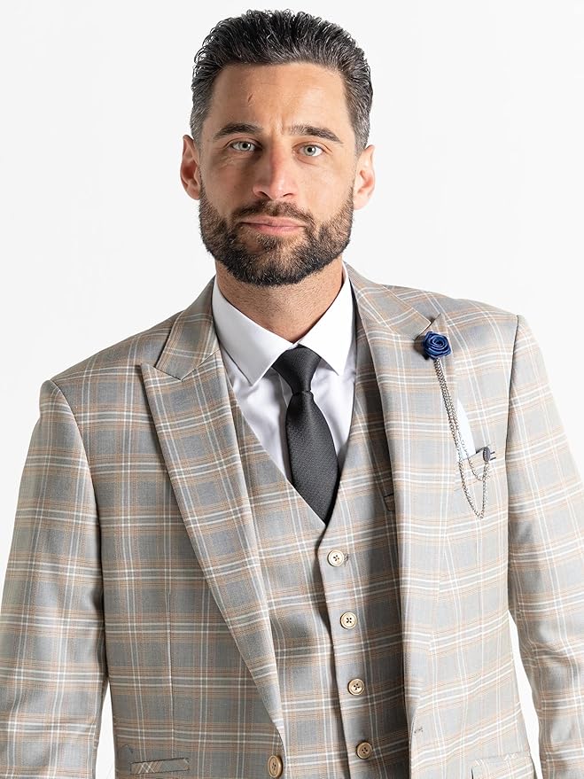 Light Grey Tweed Three Piece Suit â€“ White and Caramel Check Tailored Fit Blazer, Waistcoat, and Trousers â€“ Elegant Formalwear for Weddings and Special Occasions - The Tie Company