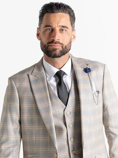 Light Grey Tweed Three Piece Suit â€“ White and Caramel Check Tailored Fit Blazer, Waistcoat, and Trousers â€“ Elegant Formalwear for Weddings and Special Occasions - The Tie Company