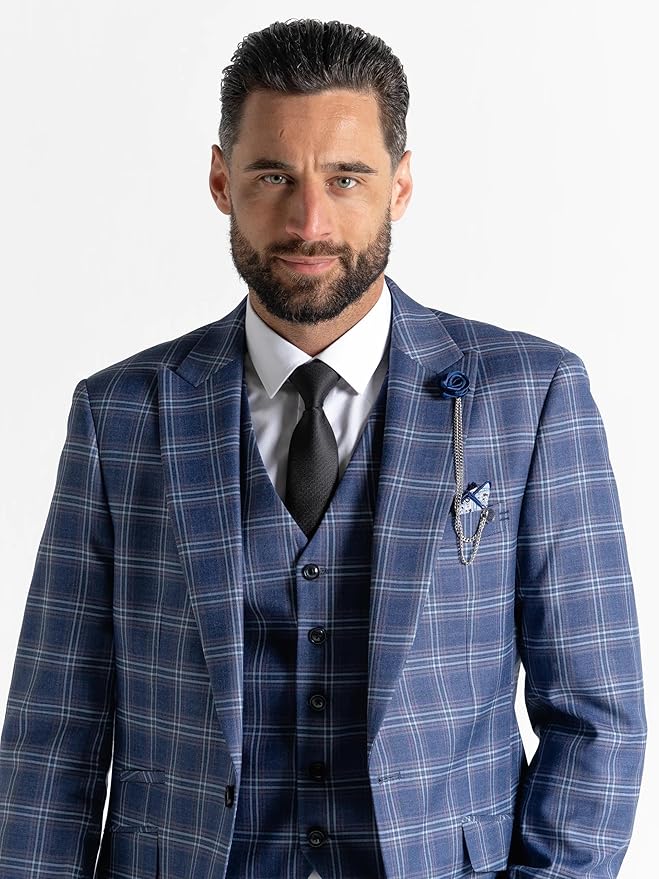 Royal Blue Tweed Three Piece Suit â€“ Sky Blue Check Tailored Fit Blazer, Waistcoat, and Trousers â€“ Stylish Formalwear for Weddings and Special Occasions Search this page - The Tie Company