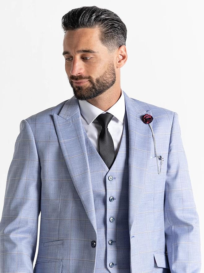 Baby Blue Suit with Brown Checks - Tailored Three-Piece Slim Fit Formal Suit with Blazer, Waistcoat, and Trousers for Special Occasions - Oxford - The Tie Company