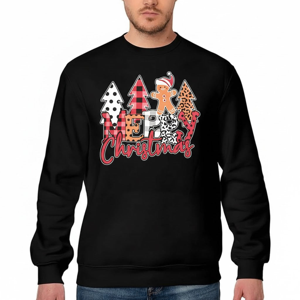 Patterned “MERRY Christmas” Gingerbread Design Black Pullover Sweatshirt