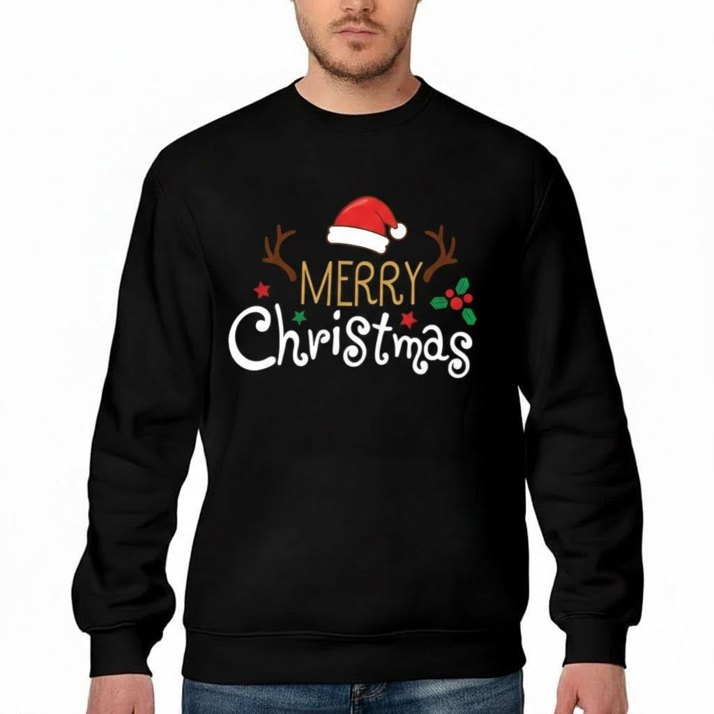 Merry Christmas with Santa Hat and Antlers – Black Sweatshirt