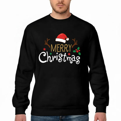 Merry Christmas with Santa Hat and Antlers – Black Sweatshirt