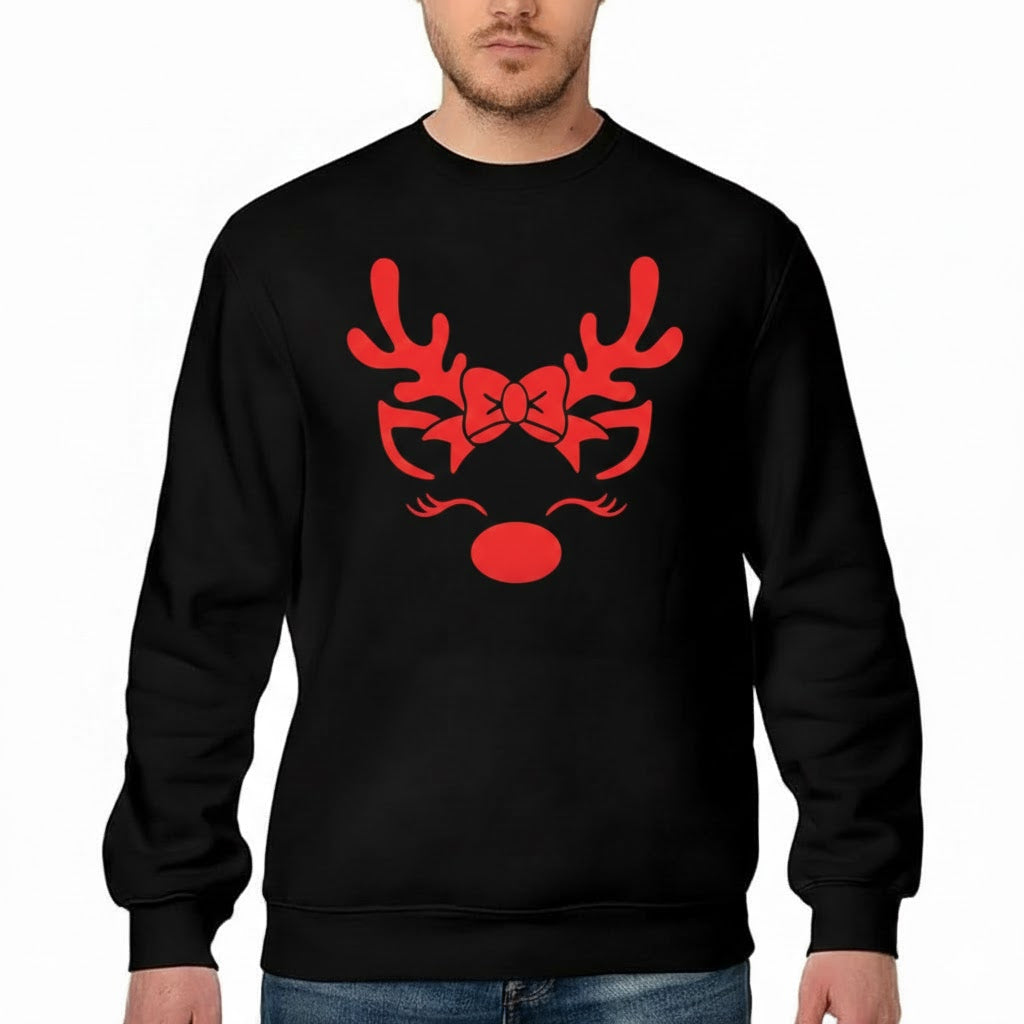 Adorable Reindeer Face with Bow (Reindeer Girl) – Black Sweatshirt