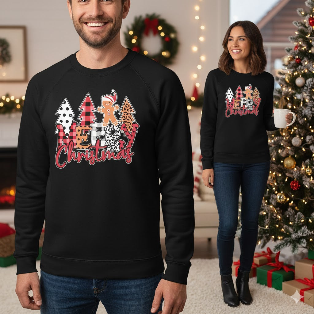 Patterned “MERRY Christmas” Gingerbread Design Black Pullover Sweatshirt