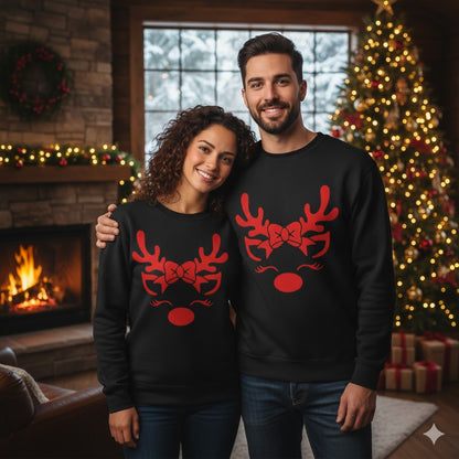 Adorable Reindeer Face with Bow (Reindeer Girl) – Black Sweatshirt