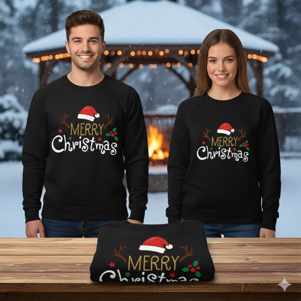 Merry Christmas with Santa Hat and Antlers – Black Sweatshirt