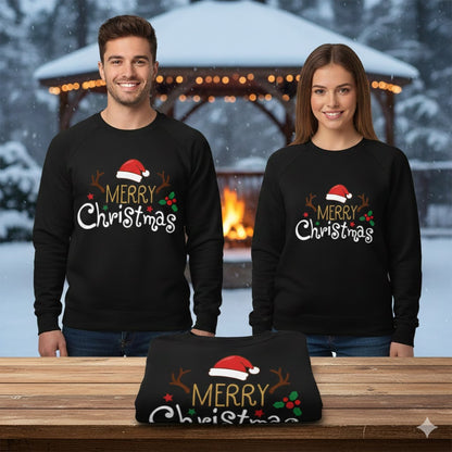 Merry Christmas with Santa Hat and Antlers – Black Sweatshirt
