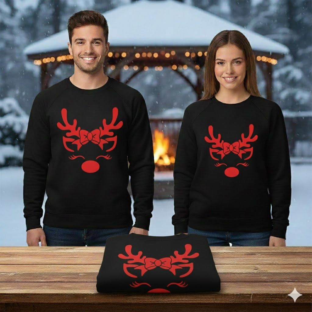 Adorable Reindeer Face with Bow (Reindeer Girl) – Black Sweatshirt