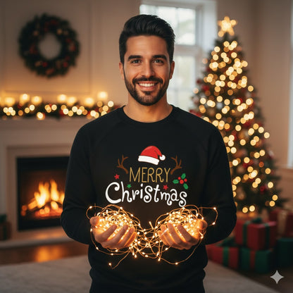 Merry Christmas with Santa Hat and Antlers – Black Sweatshirt