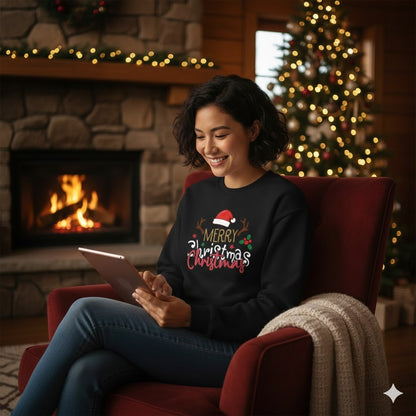 Merry Christmas with Santa Hat and Antlers – Black Sweatshirt