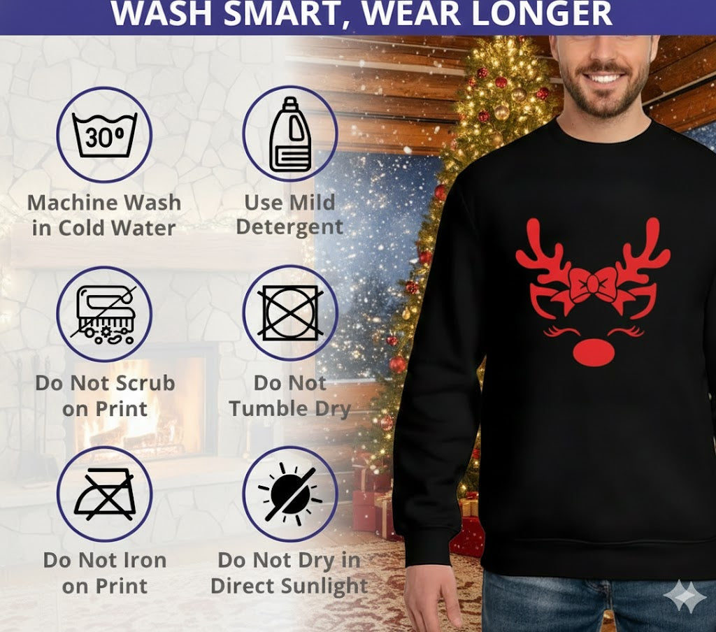 Adorable Reindeer Face with Bow (Reindeer Girl) – Black Sweatshirt