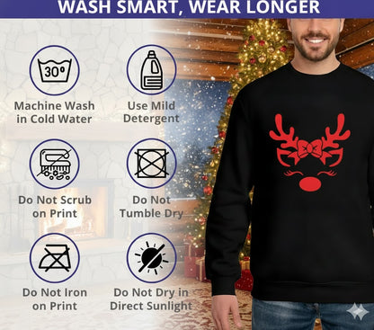 Adorable Reindeer Face with Bow (Reindeer Girl) – Black Sweatshirt